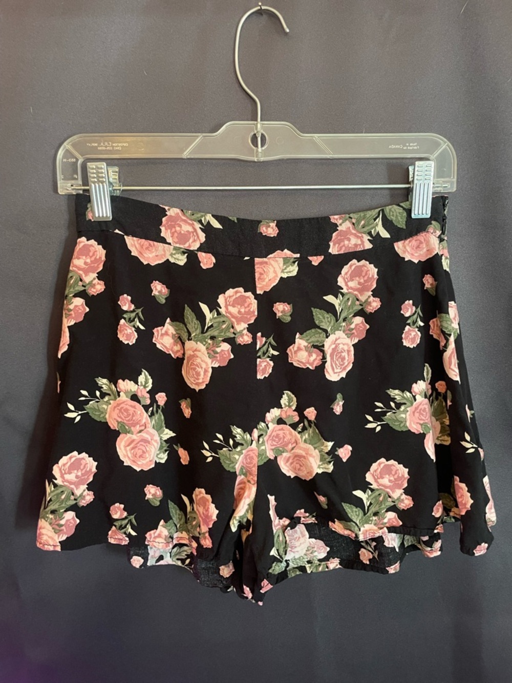 Stella Tweed Black Shorts with Pink Rose Print mini zipper floral flowy